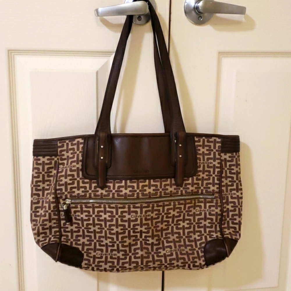 😍🤩 CALVIN KLEIN LARGE TAN AND BROWN TOTE LEATHER PURSE